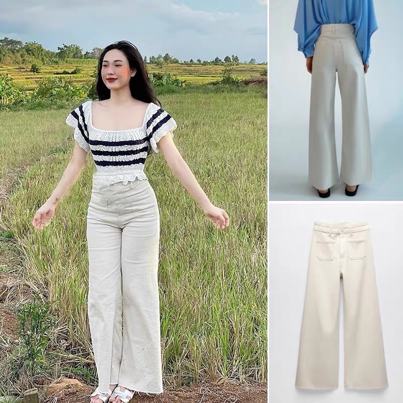 Quần jeans xuông ống rộng lưng cao