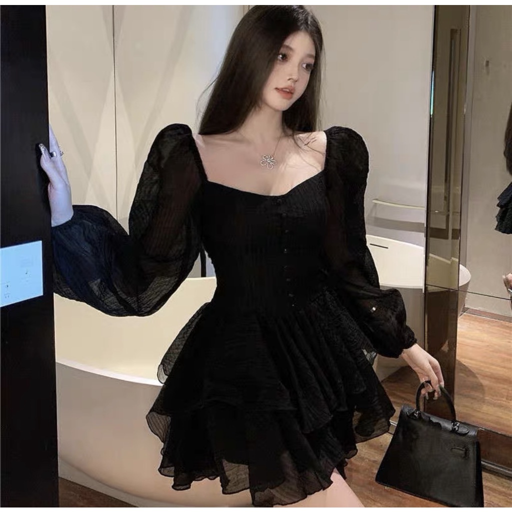 Váy babydoll đầm nữ L66 tay dài phồng trễ vai dáng a ngắn xòe ulzzang hàn quốc công chúa tiểu thư dự tiệc  V14