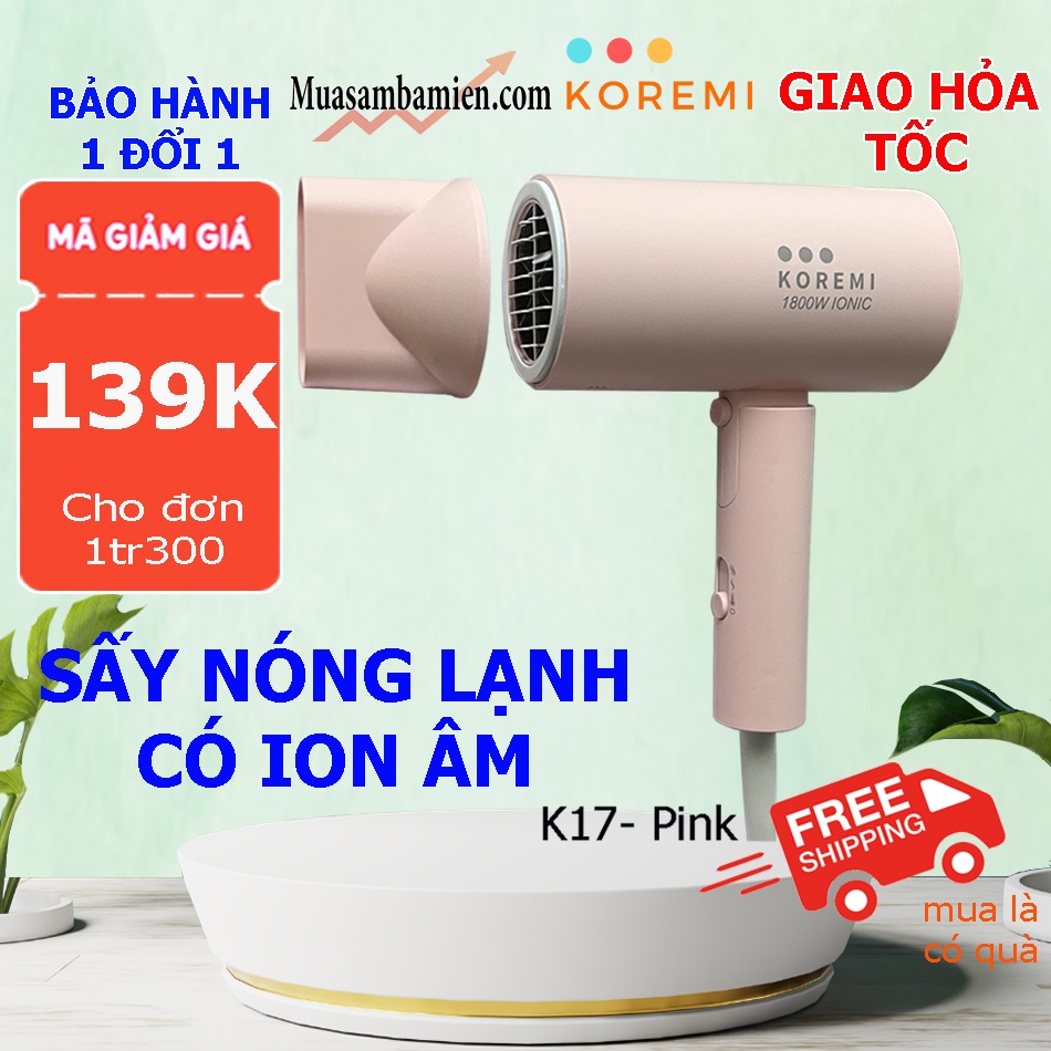 Máy sấy tóc cao cấp sấy nóng lạnh chuẩn salon công suất 1800W sấy tóc Koremi có ion âm bảo vệ tóc