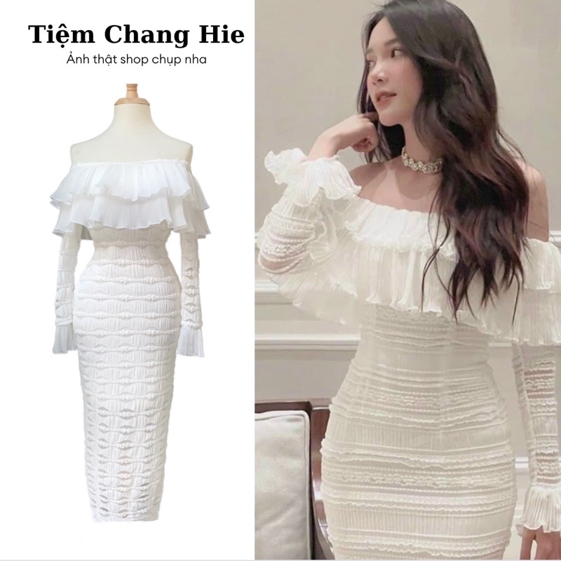(Ảnh, Video thật) Đầm body trắng bẹt vai tay ống loe | Váy đi tiệc đi chơi du lịch sinh nhật kỉ yếu | Tiệm Chang Hie