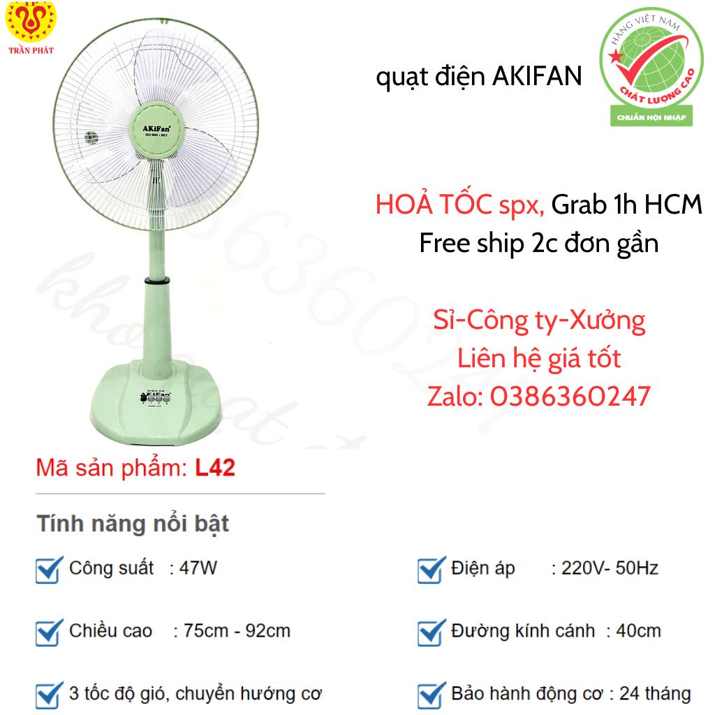 Quạt lỡ thân nhựa AKIFan L42-3 chế độ gió, quạt đứng 3 cánh ship hoả tốc, bảo hành 24 tháng (senko,yanfan)