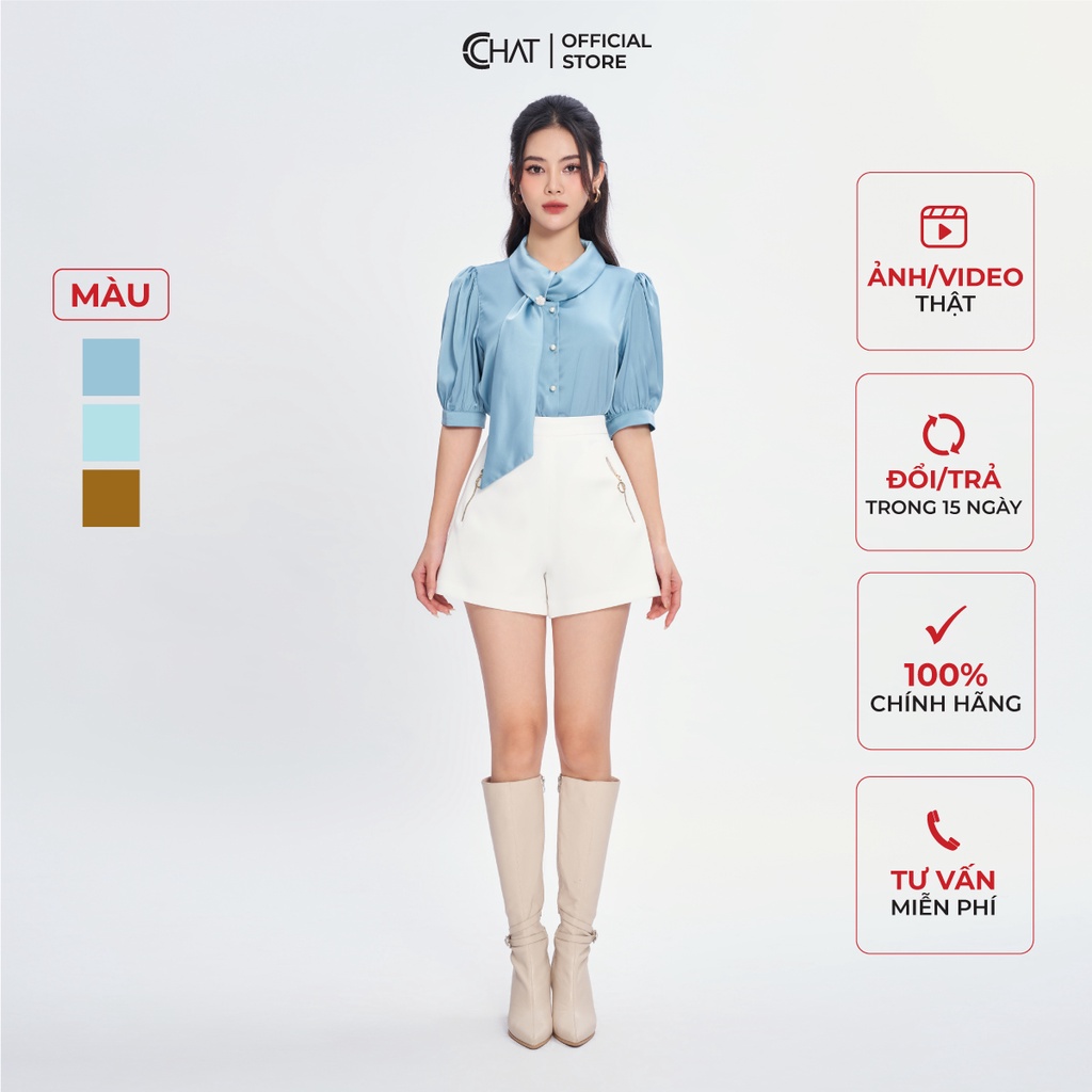Áo Sơ Mi Nữ 𝐂𝐂𝐇𝐀𝐓 Cổ Nơ Cài Lệch Chất Lụa Cao Cấp 13FNL2005ST
