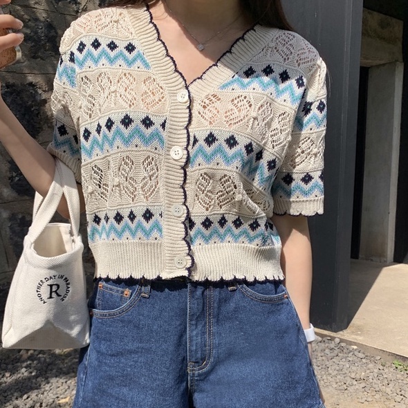 Áo cardigan LANJIEXI dệt kim tay ngắn cổ chữ V màu tương phản thời trang