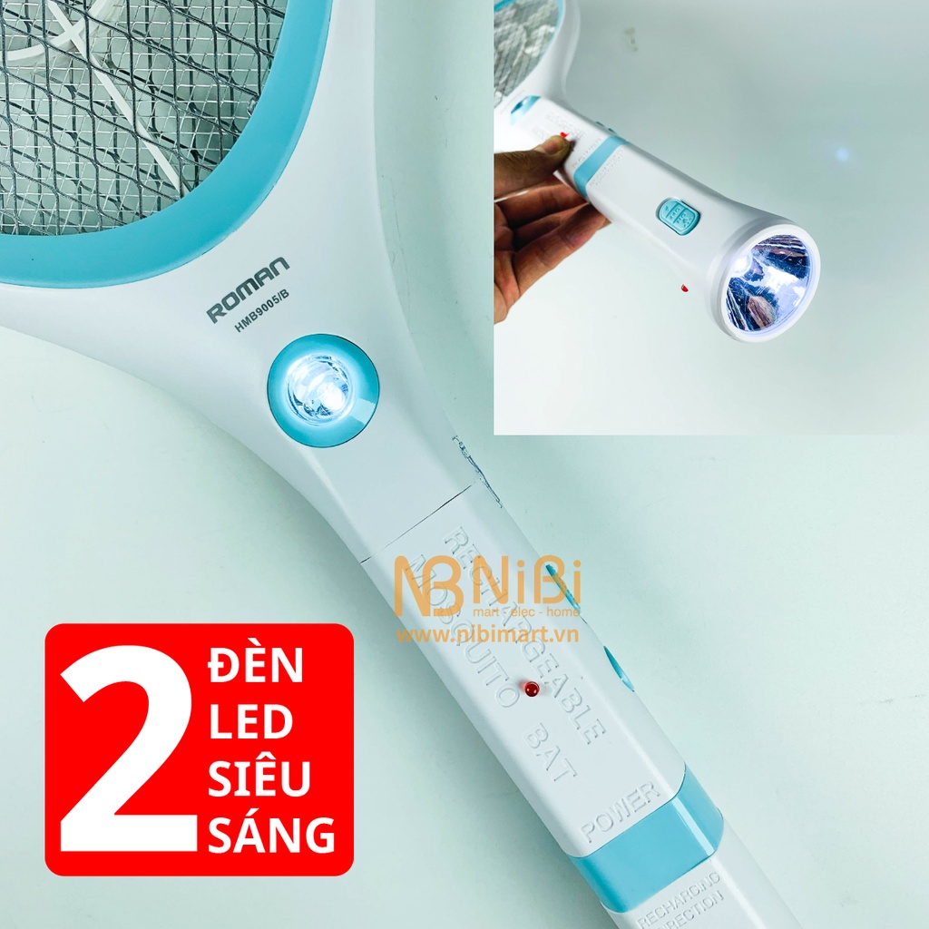 Vợt muỗi Roman HMB9005 thương hiệu TÂY BAN NHA, Vợt bắt muỗi và đèn bắt muỗi bảo hành 12 tháng