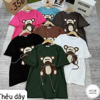 Áo phông unisex form rộng thêu gấu dây buộc nơ thật hàng cao cấp