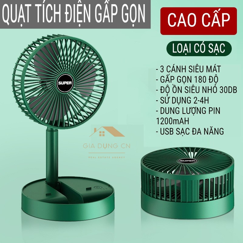 Quạt Tích Điện Gấp Gọn, Quạt Mini Để Bàn Xoay 180 Độ, 3 Tốc Độ Gió, Cổng Sạc USB Sạc Đa Năng Từ Các Thiết Bị | BigBuy360 - bigbuy360.vn