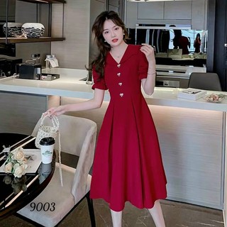 Đầm váy nữ dự tiệc đám cưới màu đỏ đen đính nút trẻ trung nhẹ nhàng