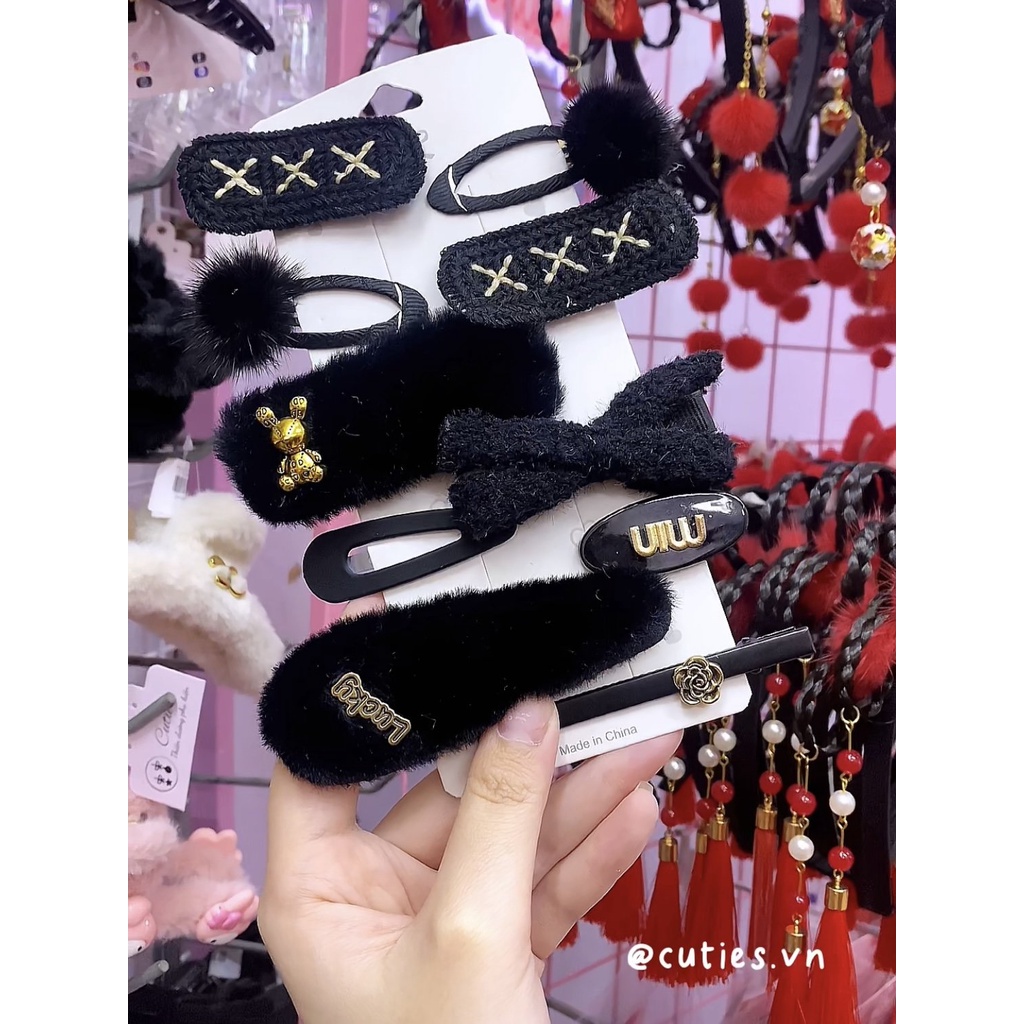 Set Bộ kẹp tóc công chúa bằng vải lông dễ thương họa tiết hoạt hình cho bé gái