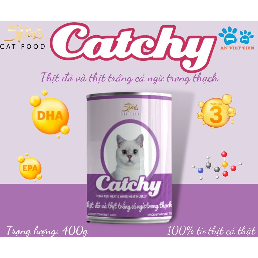 1 Lon PATE CATCHY 400Gr Thịt đỏ &amp; Thịt trắng CÁ NGỪ trong THẠCH