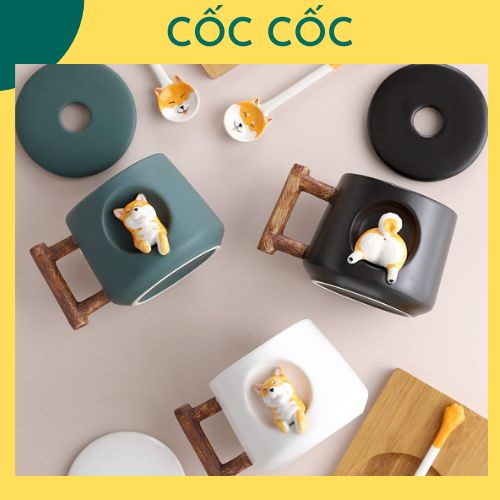 Cốc ly sứ Chó Shiba lấp ló kèm nắp và thìa, hộp quà sang trọng dung tích 400ml dùng hàng ngày,đựng trà,cafe-Cốc Cốc