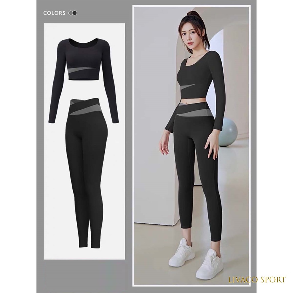 Đồ tập gym yoga erobic nữ Bộ tập thể thao Co Giãn 4 chiều kèm mút nâng đỡ vòng 1 và vòng 3 (Bộ tay dài phối màu D07)