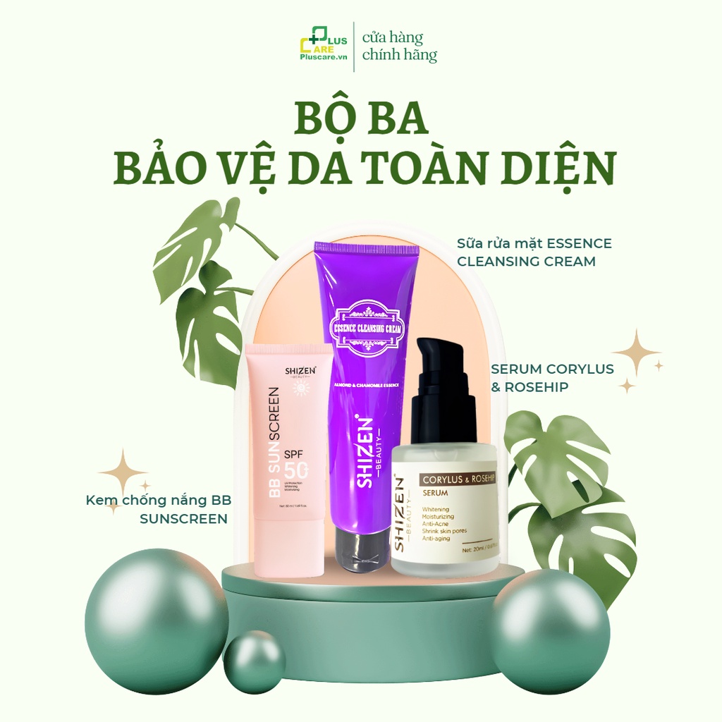 Combo bảo vệ da toàn diện: SỬA RỬA MẶT ESSENCE CREAM + SERUM CORYLUS & ROSEHIP + KEM CHỐNG NẮNG BB SUNCREEN - PLUS CARE