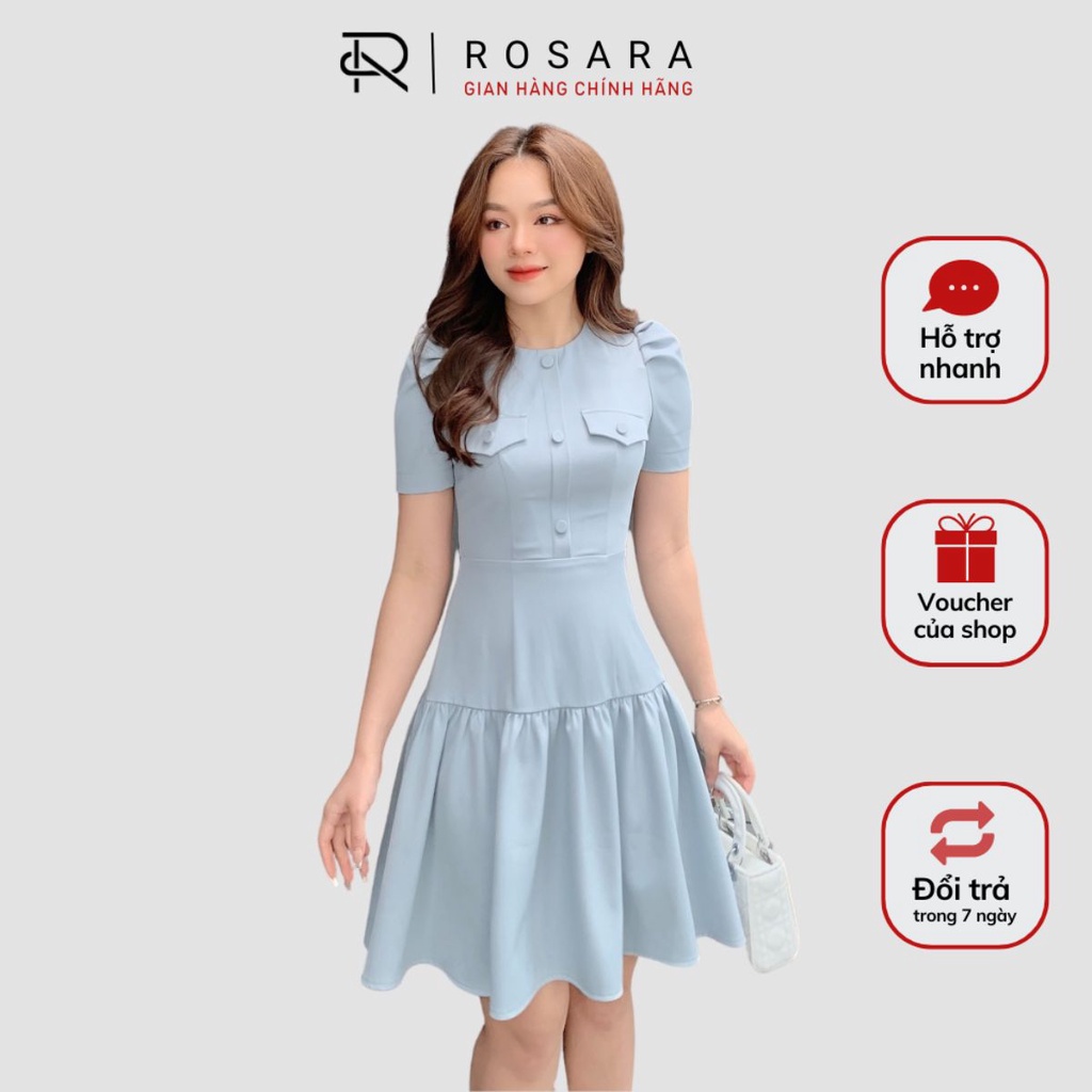 Váy Đầm Xanh Dương Nhạt Ngắn Tay Vai Bồng Thời Trang Nữ Rosara VA25