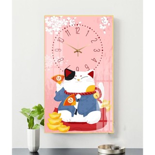 Tranh Đồng Hồ Tráng Gương Treo Tường Mèo Thần Tài