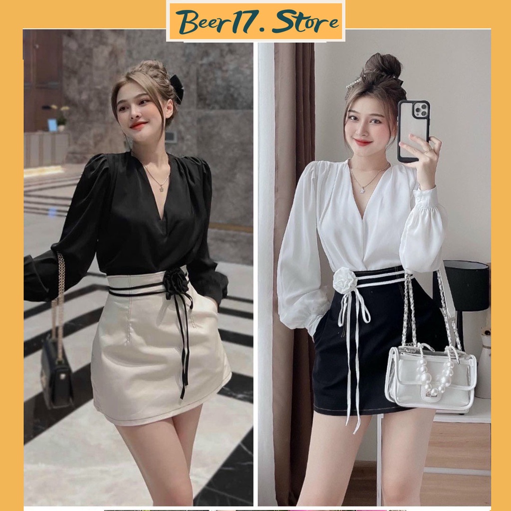 Set Đồ Nữ Sơ Mi Cổ Chữ V Kèm Chân Váy Đính Nơ Hoa Cực Sang