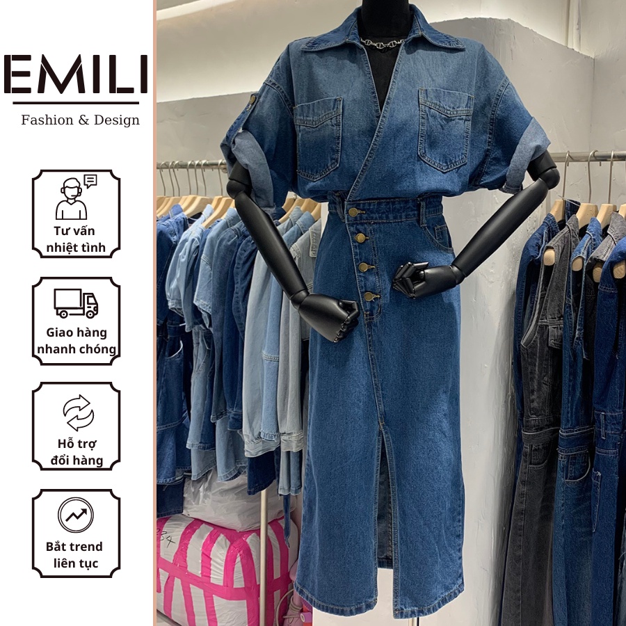 Váy jeans nữ liền thân Emili thiết kế form áo cánh dơi với cùng chân váy xẻ tà trước [146]