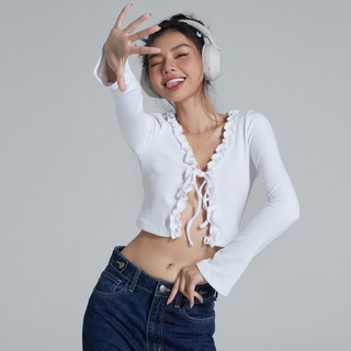 Áo Croptop Ôm Tay Dài Thun Gân, Phối Nơ Cột, Thiết Kế Viền Bèo Trẻ Trung - Maybi Chính Hãng