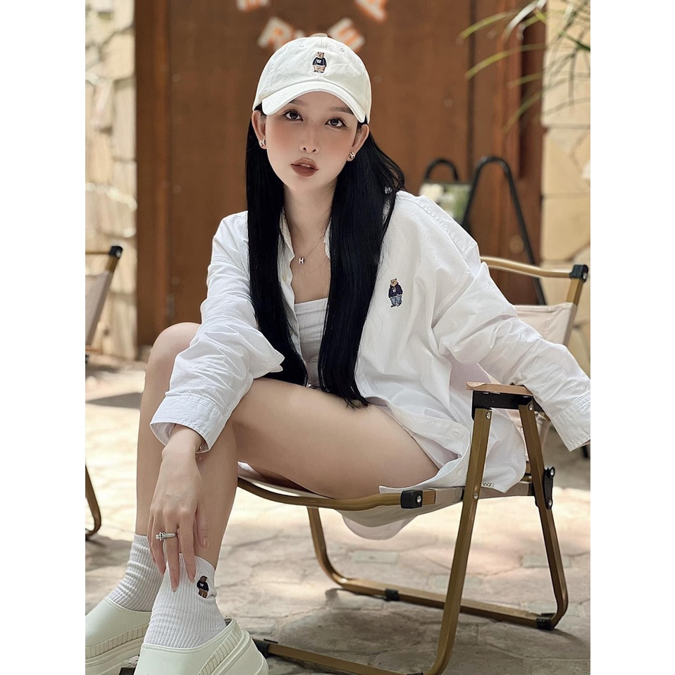 Áo Sơ Mi Unisex Form Rộng Thêu Họa Tiết Hình Gấu Kiểu Dáng Hàn Quốc Linhbee