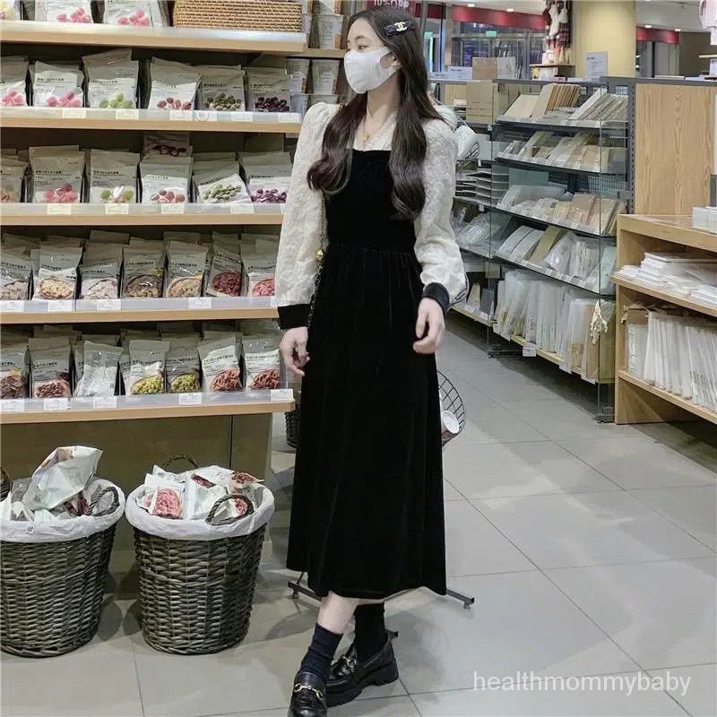 Trang Phục Cho Con Bú  Đi Chơi  Hai Mảnh Váy Liền Mùa Thu   Váy Cho Con Bú Qua Đầu Gối Ren Khâu Nhung