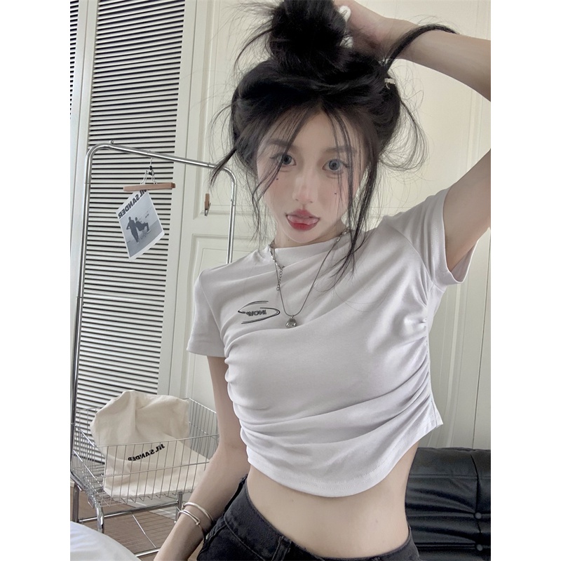 Porozi Áo thun crop top  mỏng tay ngắn thiết kế xếp nếp thời trang mùa hè phong cách Hàn Quốc dành cho nữ