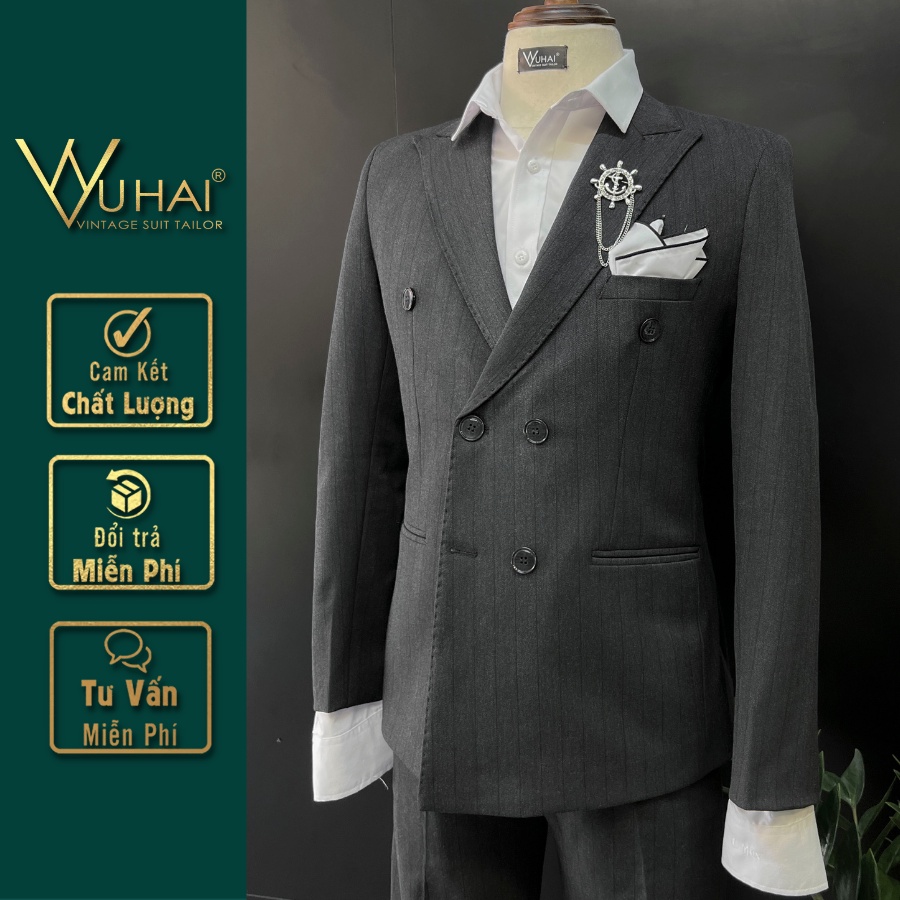 Áo vest nam kẻ sọc xám tối màu, dáng 6 cúc chuẩn from-VuHai