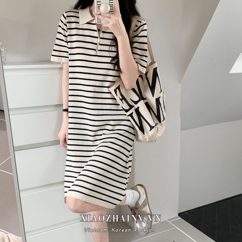 Váy suông dáng dài cổ bẻ chất cotton kẻ ngang xinh xắn - Đầm polo basic kẻ freesize tay ngắn hai màu
