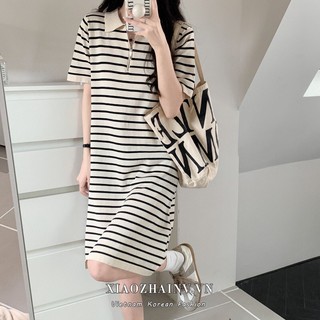 Váy suông dáng dài cổ bẻ chất cotton kẻ ngang xinh xắn - Đầm polo basic kẻ freesize tay ngắn hai màu