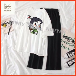 Set đồ bộ nữ mặc 4 mùa mặc ở nhà đi chơi đi học , áo phông thun nữ cotton in chibi mix quần kẻ thun ống rộng