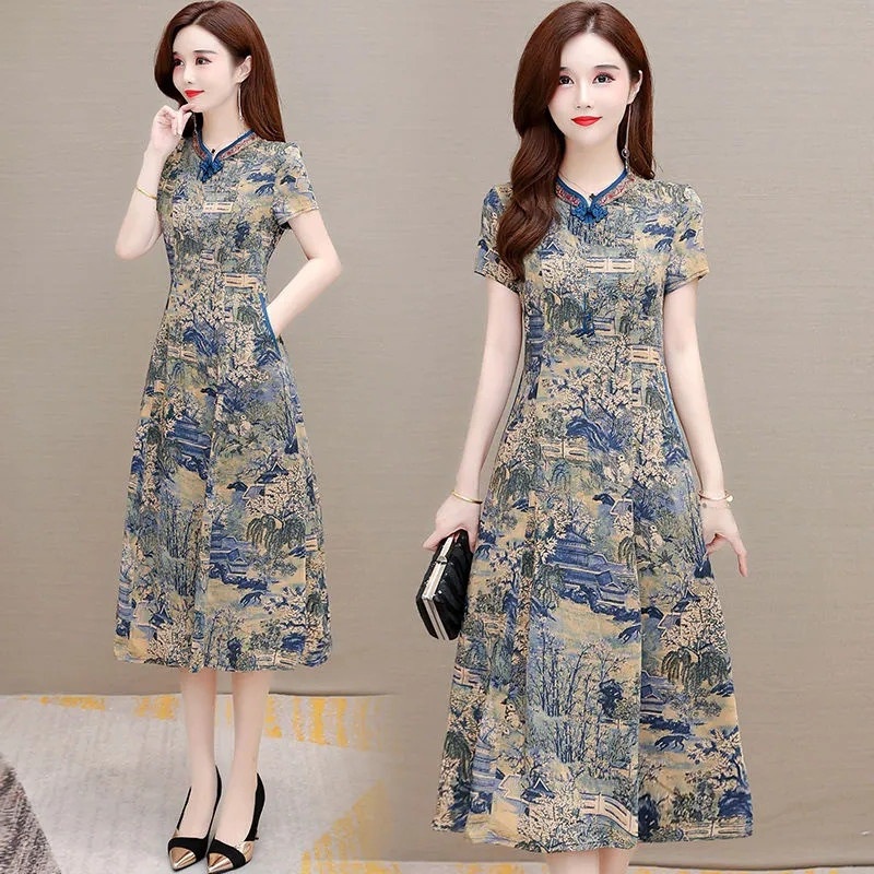 Đầm Lụa Sữa Tay Ngắn Cổ Chữ V In Họa Tiết Thổ Cẩm Thời Trang Mùa Hè Cho Nữ