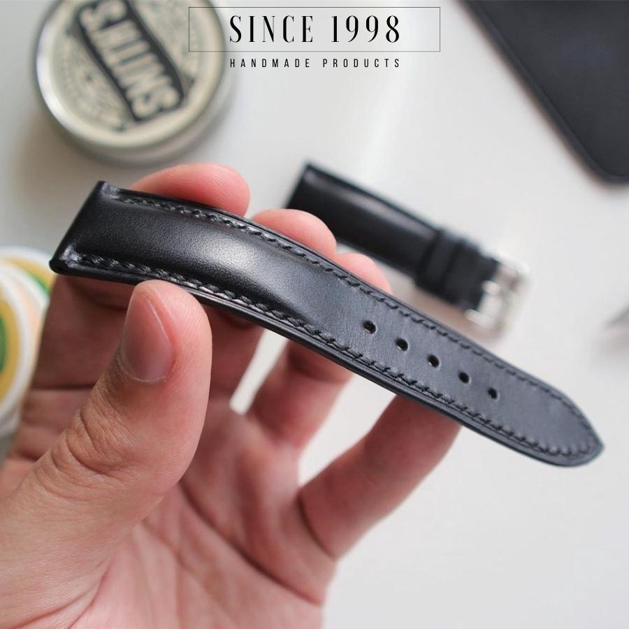 Dây Đồng Hồ Da Bò Nam 20mm 22mm, Da Thật Handmade, Chống Nước, Chính Hãng, Màu Đen Chỉ Đen, Bảo Hành 12 Tháng