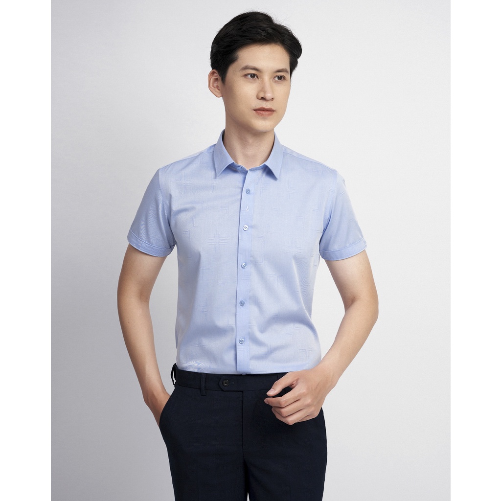 Áo sơ mi nam ngắn tay vải sợi tre hạn chế nhăn nhàu 2024 họa tiết xanh da trời - Vulcano