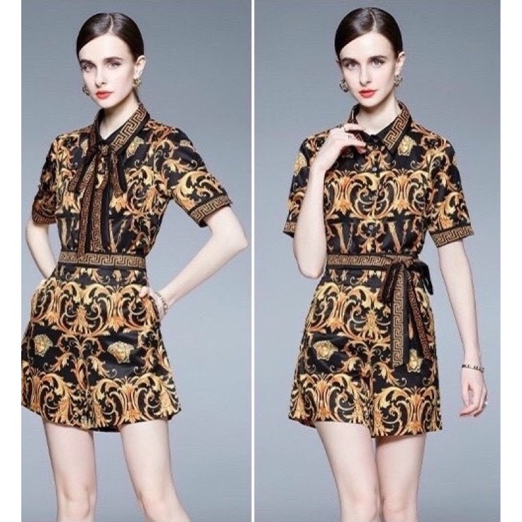 ( HÀNG NHẬP QUẢNG CHÂU CAO CẤP) SET ÁO SƠ MI THẮT NƠ + QUẦN SHORT LƯNG CAO ỐNG RỘNG - HỌA TIẾT VERSAC NỔI BẬT SÀNH ĐIỆU