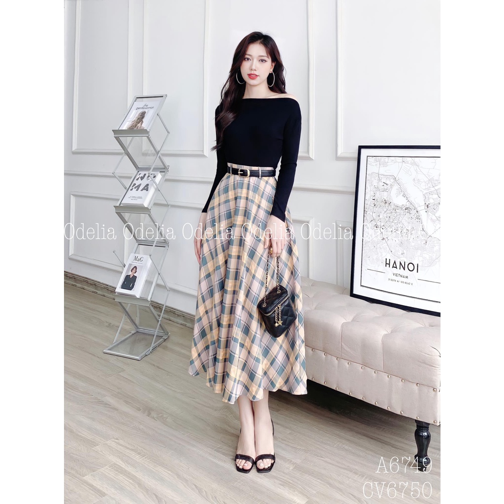 Chân váy kẻ caro Odelia, dáng xòe dài - CV6750