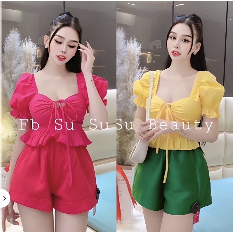 Áo Voan Croptop kiểu xoè nhún lưng nơ rút ngực tay phồng