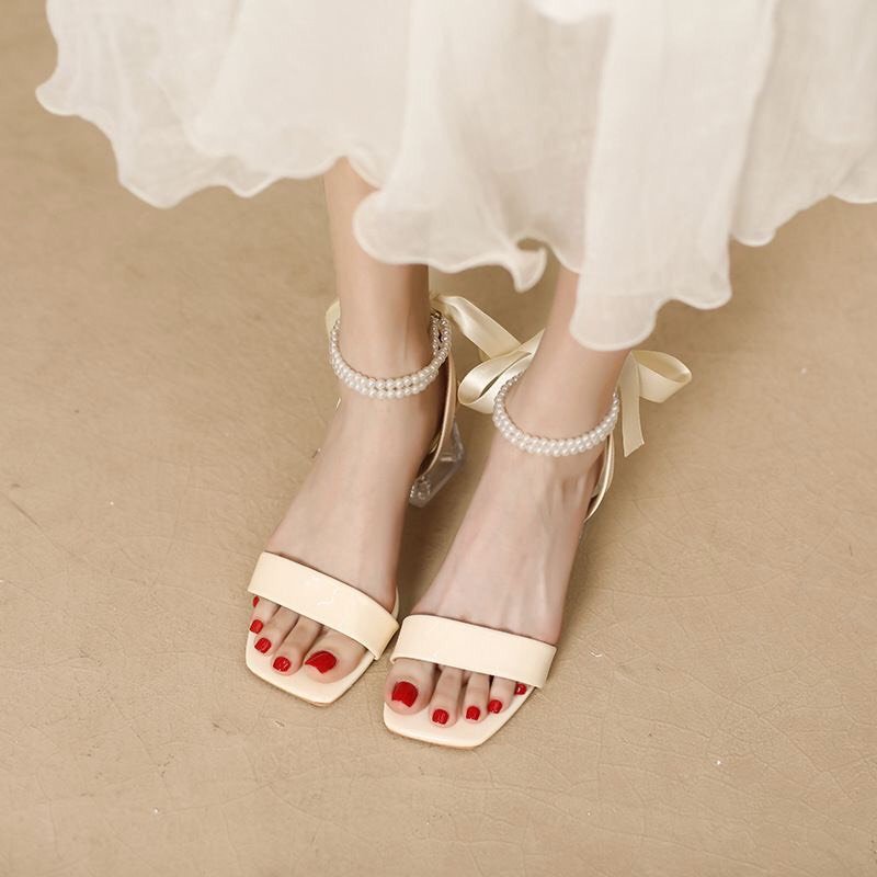 GIÀY SANDAL CAO GÓT NỮ THS69 ĐẾ VUÔNG TRONG SUỐT QUAI MẢNH THẮT NƠ 5P, MÀU ĐEN VÀ TRẮNG, HOT 2023