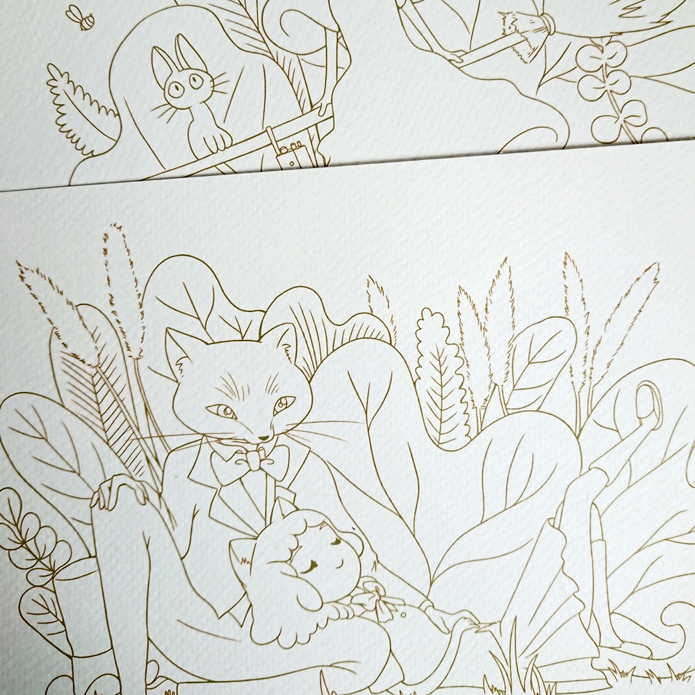 Tranh tô màu / Tranh tô màu nước Ghibli họa sĩ Three Leaves / Line Art / Khổ A5 A4 dày 300gsm