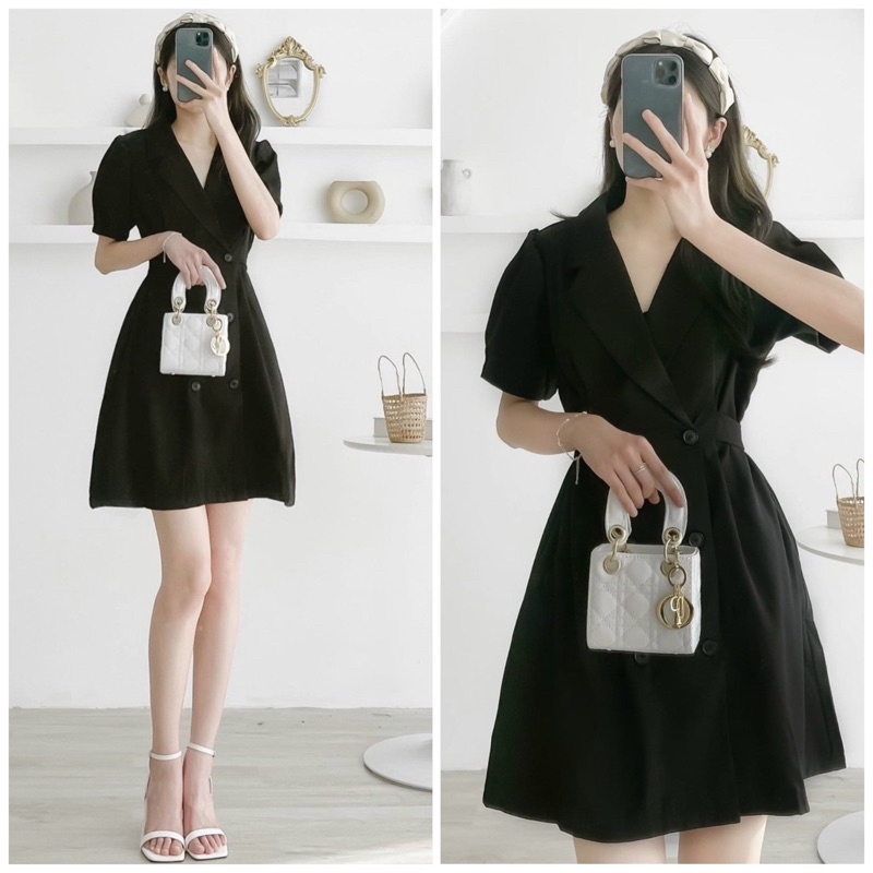 Đầm đen cổ vest thắt eo (kèm hình thật)