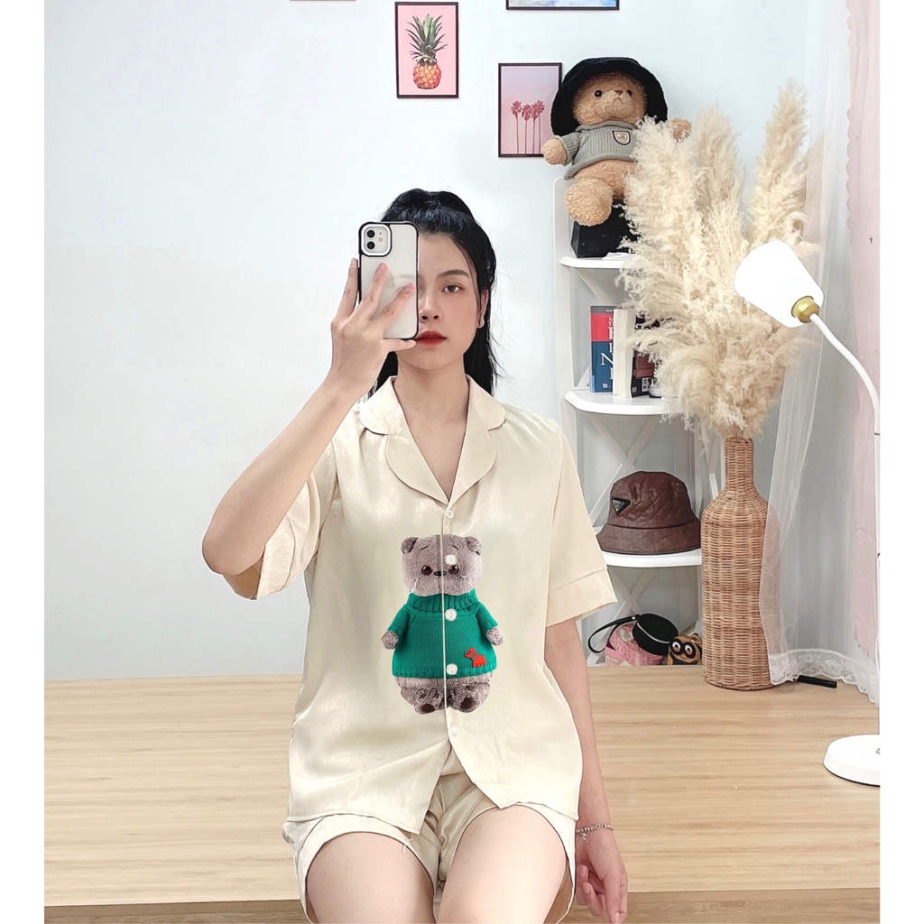 Bộ pijama đùi tơ tằm ÁNH KIM D4 mặc nhà mặc ngủ in hình chú mèo dễ thương FPLUS PJM