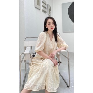 Đầm bigsize - Đầm suông - Váy bầu dáng đuôi cá ren hoa nổi cúc bọc có sẵn tại shop OanhLTK
