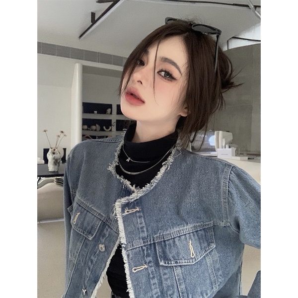 Set áo khoác bò kèm chân váy dài sang chảnh