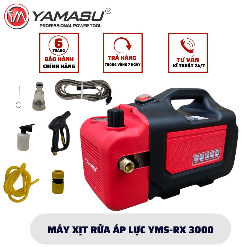 Máy rửa xe áp lực cao YAMASU YMS-RX3000CA công suất 3000W tặng kèm bình tạo bọt, dây hút và dây xịt dài 8m