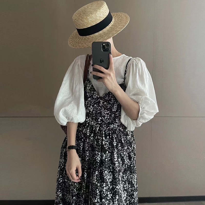 (ORDER) Set váy yếm hai dây hoa đen trắng vintage xòe dài kiểu Pháp+ Áo sơ mi tay phồng