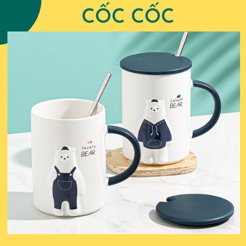 Cốc ly sứ hình chú gấu thời trang Lovely Bears kèm nắp, thìa dễ thương Cốc Cốc dùng uống nước, pha trà, cafe, quà tặng