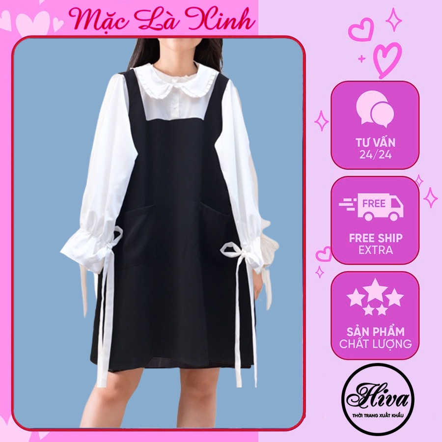Váy Đầm trắng học sinh viên body chữ A phối sơ mi babydoll thiết kế cổ thắt nơ dự tiệc đi du lịch biển