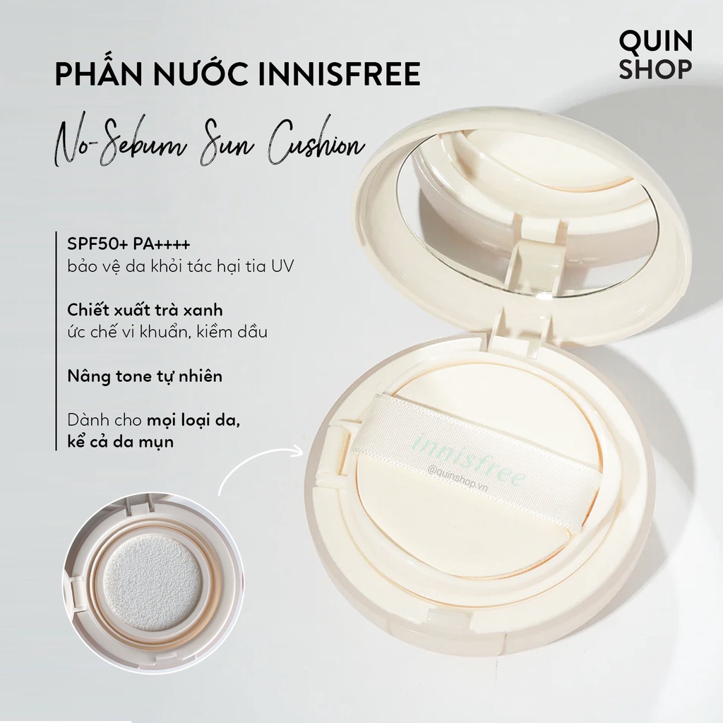 Phấn Nước Kiềm Dầu, Chống Nắng Innisfree No-Sebum Powder Cushion SPF29 PA++, Sun Cushion SPF50+ PA++++