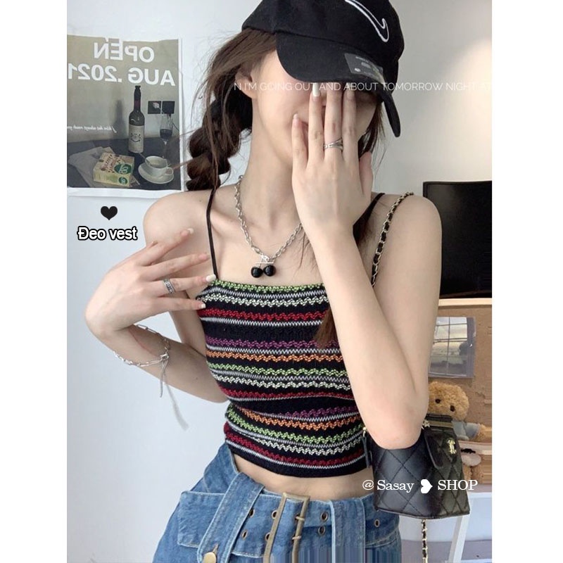 QADCOL Áo Hai Dây Dệt Kim Dáng Ngắn Phong Cách Pháp Thời Trang Mùa Hè Cho Nữ