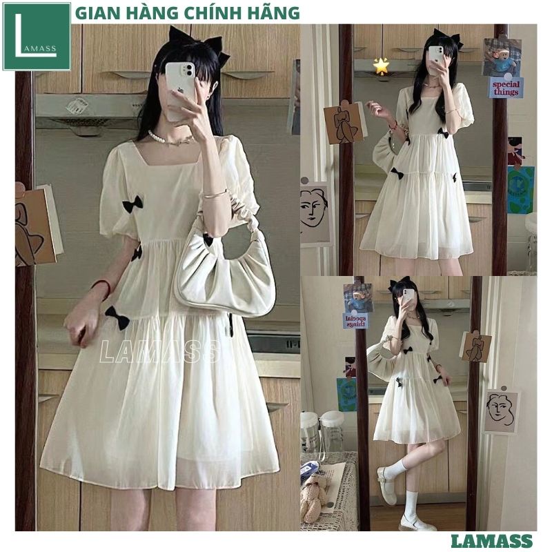 Váy babydoll TRẮNG ĐÍNH NƠ cổ vuông siêu xinh cho nàng, Đầm tiểu thơ xinh xắn HOT TREND công chúa bánh bèo - LAMASS