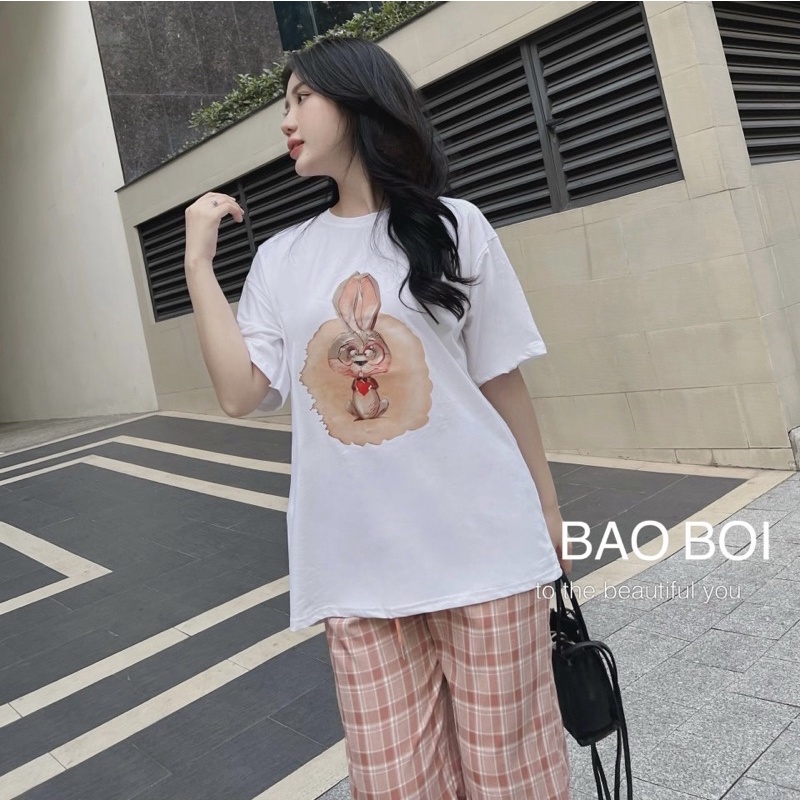 Set Bộ Áo Thỏ Hồng Cute Quần Dài Caro (hình thật) Set Bộ Quần Dài Kèm Áo Phông Cotton Tay Ngắn