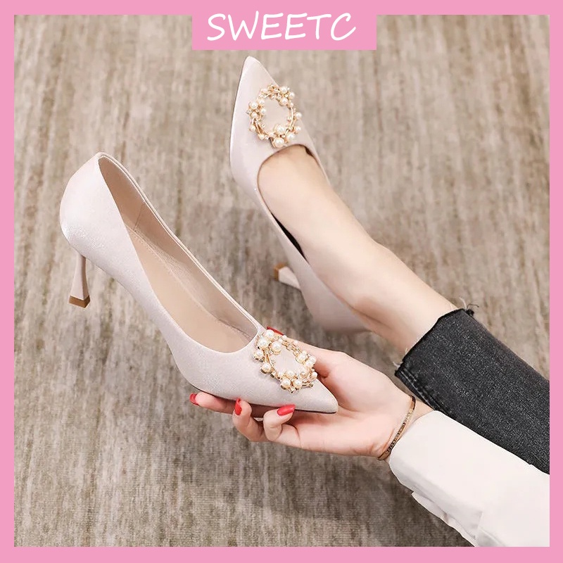 JOJO.┇♕♤Vận Chuyển nhanh SWEETC Raya Gót Kasut Perempuan cao Phù Dâu Giày Cưới Nữ Đế Điểm Ngọc Kim Cương Giả