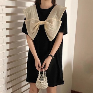 AN721-Áo thun đen phối nơ be